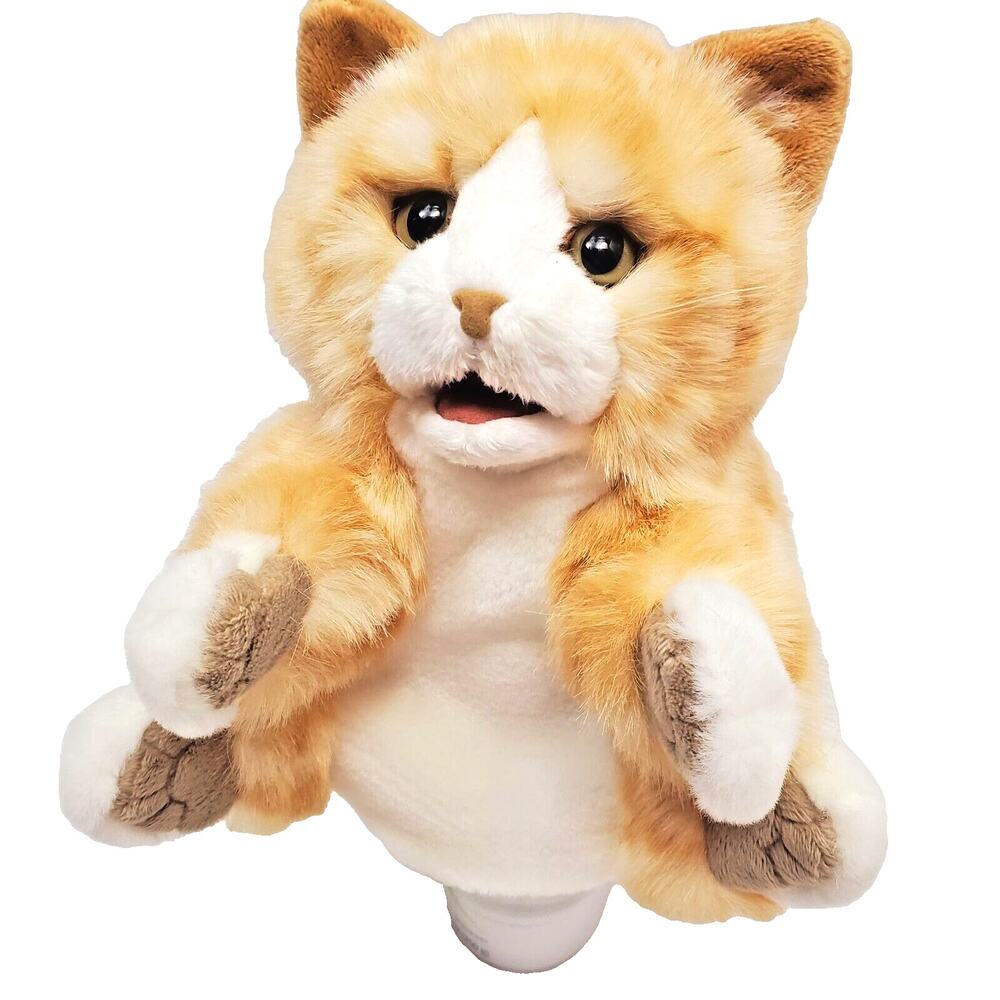 Folkmanis Orange Tabby Cat Kitten Hand Puppet Plush Fluffy Full Body Green Eyes